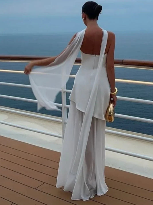 Elegant White Mesh Splicing Slim Women Strapless Dress Chic Scarf Neck Off Shoulder High Waist Long Dresses Lady Party Robes