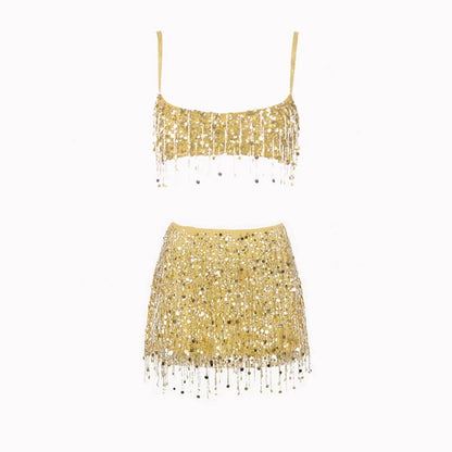 Sexy Sequin Tassels Beach Outfits Women Shiny Fashion Bikinis Sets Female 2025 Summer Holiday High Street Raves Sets 2 Pieces