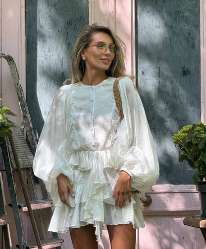 Fashion Women'S Ruffles Short Dress Elegant Round Neck Lace Up Lantern Long Sleeve Mini Vestido Chic Female 2025 Solid Dresses