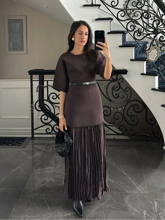 Elegant O Neck Short Sleeve Maxi Dress Women Fashion Solid Pleated Gauze Patchwork Dresses 2025 New Lady Office Commute Vestidos