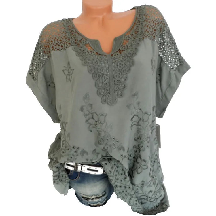 Large Size Loose Short-Sleeved Lace Women Blouses Cotton Blouses 2024 Summer V-Neck White Shirt Tops Sexy Fashion Women Shirt