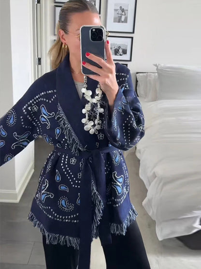 Tassel Patchwork Printed Cardigan Women Geometric Patterns Belts V-Neck Long Sleeve Knitted Street Lady Sweater 2025 Autumn Coat