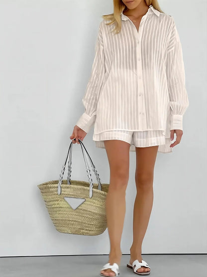 2024 Spring Summer Solid Cotton Short Two Piece Set Women Stripe Long Sleeve Shirts Shorts 2 Piece Sets Simple Style Lady Suit