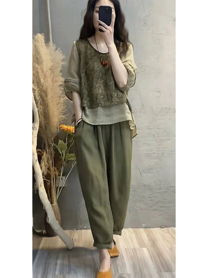 Faionable Cotton Linen Set Women'S Summer New Print Patchwork Slimming Two-Piece Top Harlan Pants Fake Two-Piece Suit