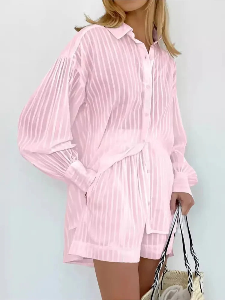 2024 Spring Summer Solid Cotton Short Two Piece Set Women Stripe Long Sleeve Shirts Shorts 2 Piece Sets Simple Style Lady Suit