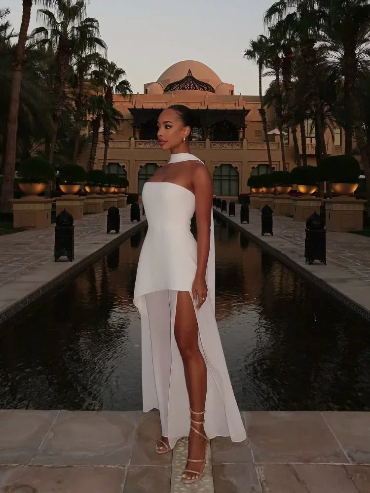 Elegant White Mesh Splicing Slim Women Strapless Dress Chic Scarf Neck Off Shoulder High Waist Long Dresses Lady Party Robes
