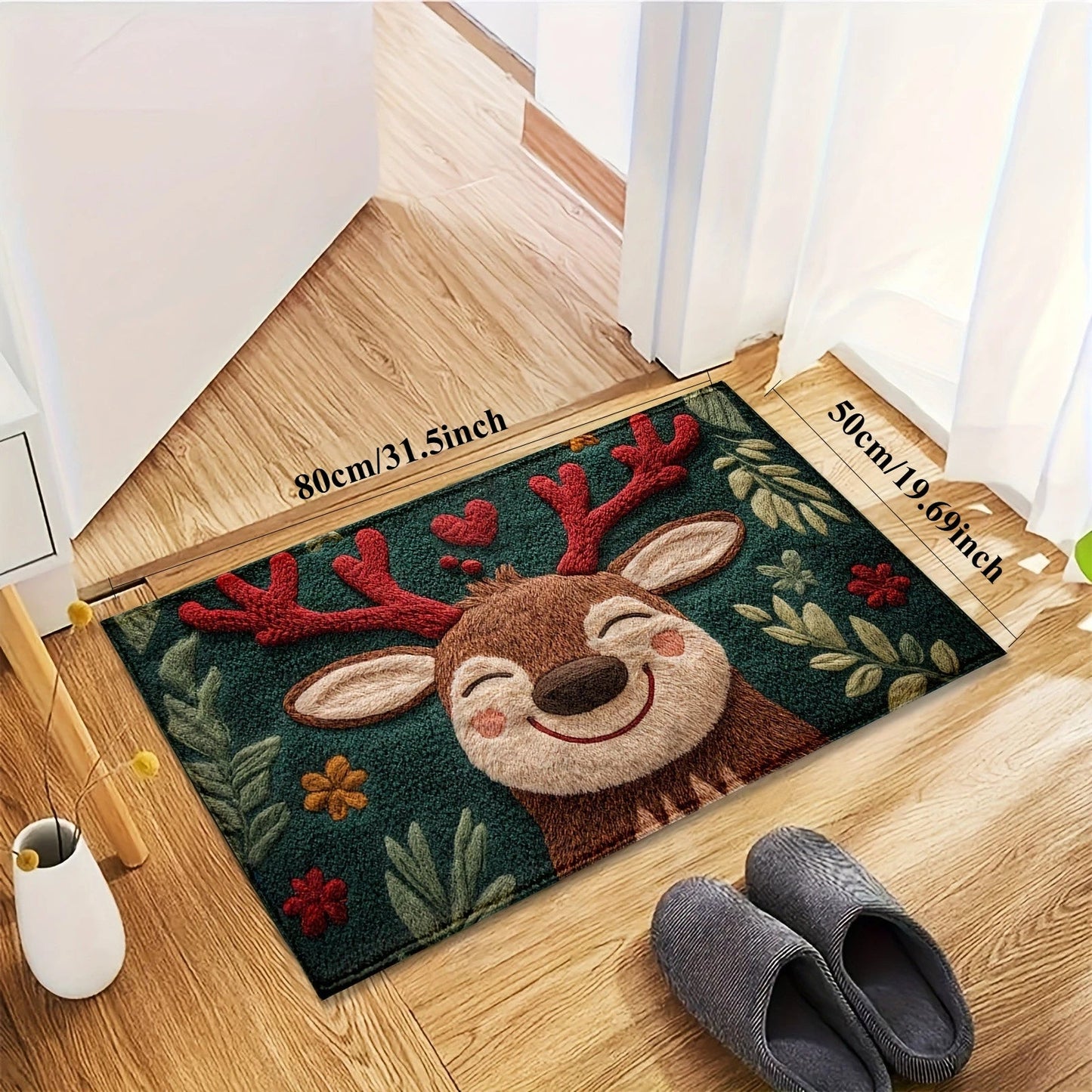 1Pc Fluffy Christmas Deer Microfiber Bath Mat - Quick-Dry & Absorbent, Festive Holiday Design With Red Berries & Green Leaves