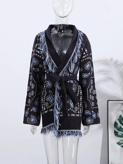 Tassel Patchwork Printed Cardigan Women Geometric Patterns Belts V-Neck Long Sleeve Knitted Street Lady Sweater 2025 Autumn Coat