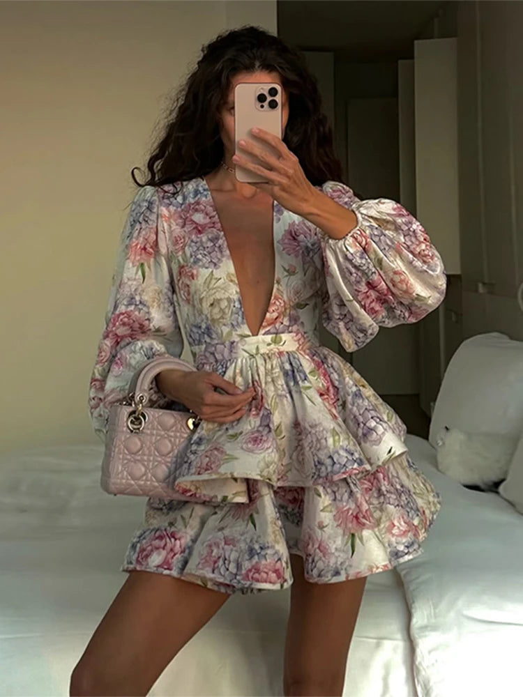 Elegant Print Ruffles Mini Dress Women Deep V Neck Long Sleeves A Line Dresses Female 2025 Spring New Fashion Fluffy Robe Lady