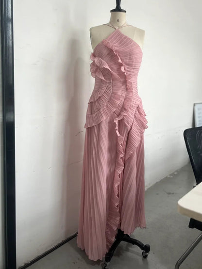Chic Pleated Halter Neck Long Vacation Dress High Quality Purple Strapless Lotus Edge Maxi Dress 2025 New Lady Vacation Gowns
