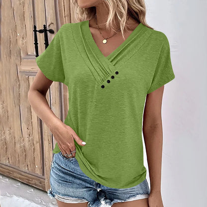 Fashion Women T Shirt Solid Color V Neck Short Sleeve Basic Tops Tee Streetwear Summer Oversized Clothing Female T-Shirts