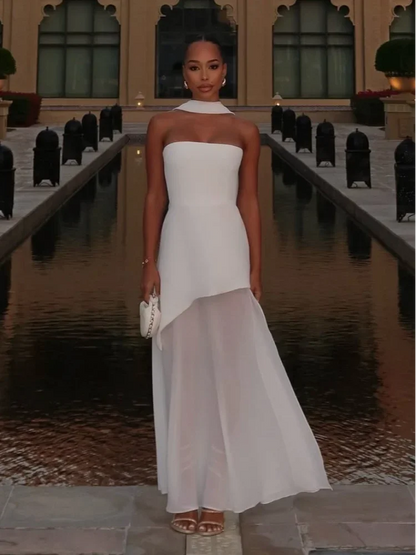 Elegant White Mesh Splicing Slim Women Strapless Dress Chic Scarf Neck Off Shoulder High Waist Long Dresses Lady Party Robes