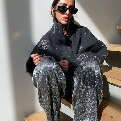 Casual Embroidery Beading Loose Women Coat Lapel Collar Bat Sleeve Solid Wool Blend Jacket 2025 New Lady Luxury Spring Outerwear