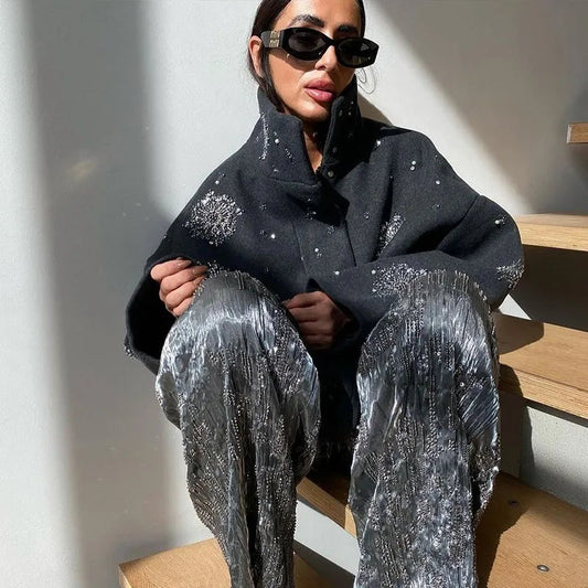 Casual Embroidery Beading Loose Women Coat Lapel Collar Bat Sleeve Solid Wool Blend Jacket 2025 New Lady Luxury Spring Outerwear