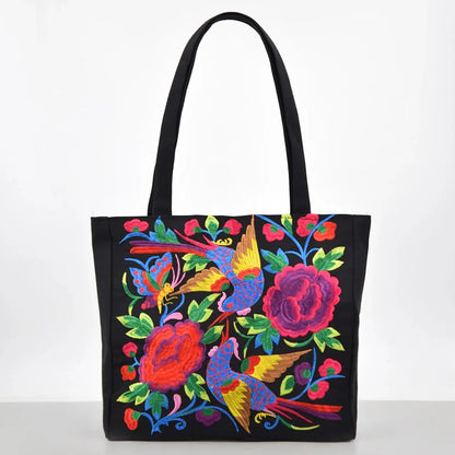 Ethnic Style Flower Embroidery Canvas Tote Shoulder Bag Large Capacity Handbag For Women