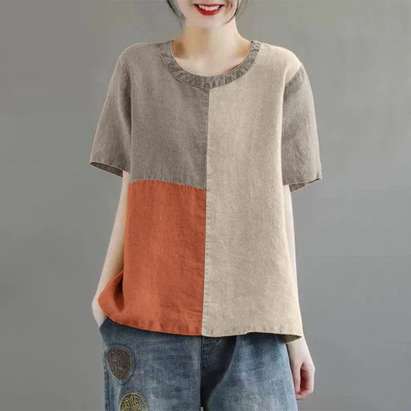 Women Patchwork Blouse 2024 Summer Short Sleeve Tunics Fashion Round Neck Shirts Casual Loose Holiday Cotton Linen Tops