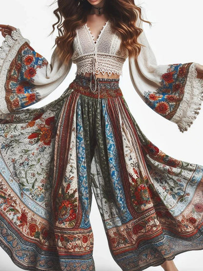 Elegant Women'S Trousers Bohemian Style Classic Retro Floral Pattern Print Elastic High Waist Women'S Wide Leg Pants