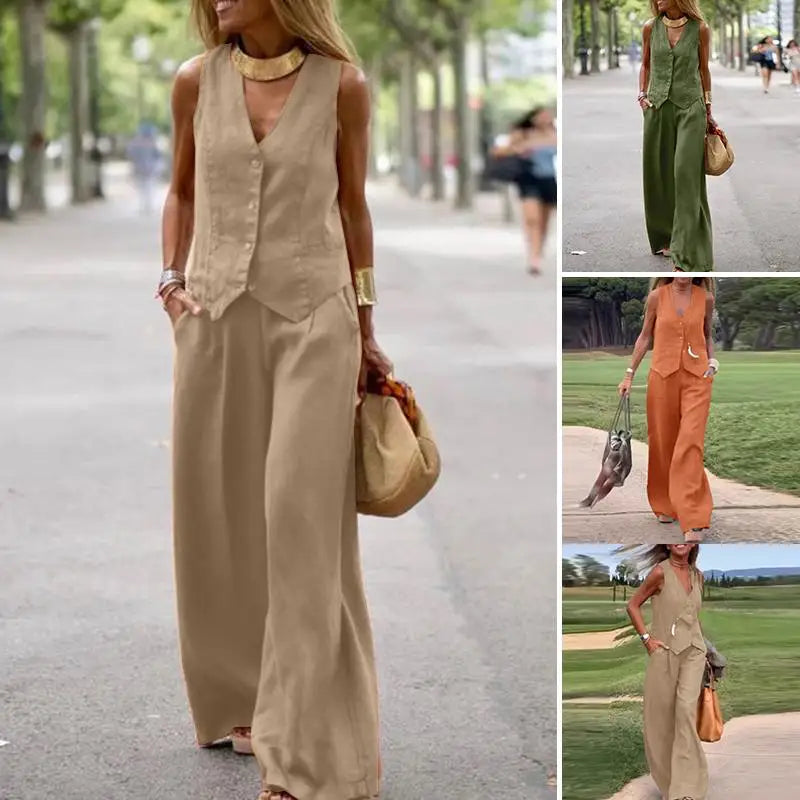 Woman Elegant 2-Piece Pant Sets Casual Vest And Pants Sets Old Money Style Suits 2Pcs Outfits Wide Leg Trouser Sets