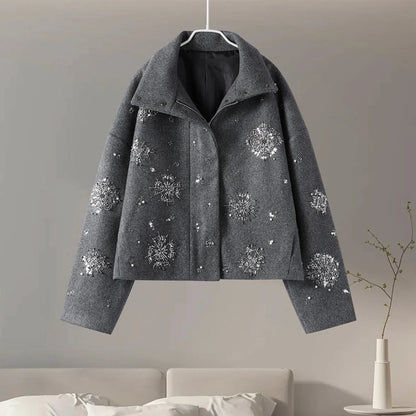Casual Embroidery Beading Loose Women Coat Lapel Collar Bat Sleeve Solid Wool Blend Jacket 2025 New Lady Luxury Spring Outerwear