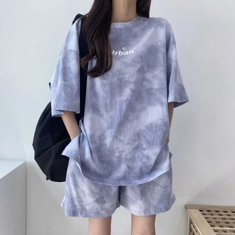 Women T-Shirt Shorts Suit Set Casual Tie Dye Loose Tshirt And Wide Leg Middle Shorts With Pockets Female Soft Summer Shorts Sets