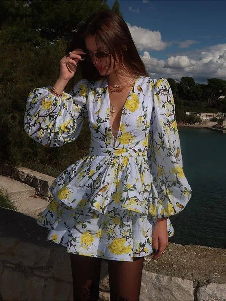 Elegant Print Ruffles Mini Dress Women Deep V Neck Long Sleeves A Line Dresses Female 2025 Spring New Fashion Fluffy Robe Lady