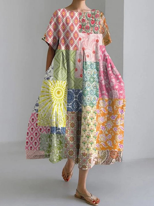 New Women'S Round Neck Long Casual Dress Summer Large Size Fresh Fish Print Dress Street Vacation Short-Sleeved Dress