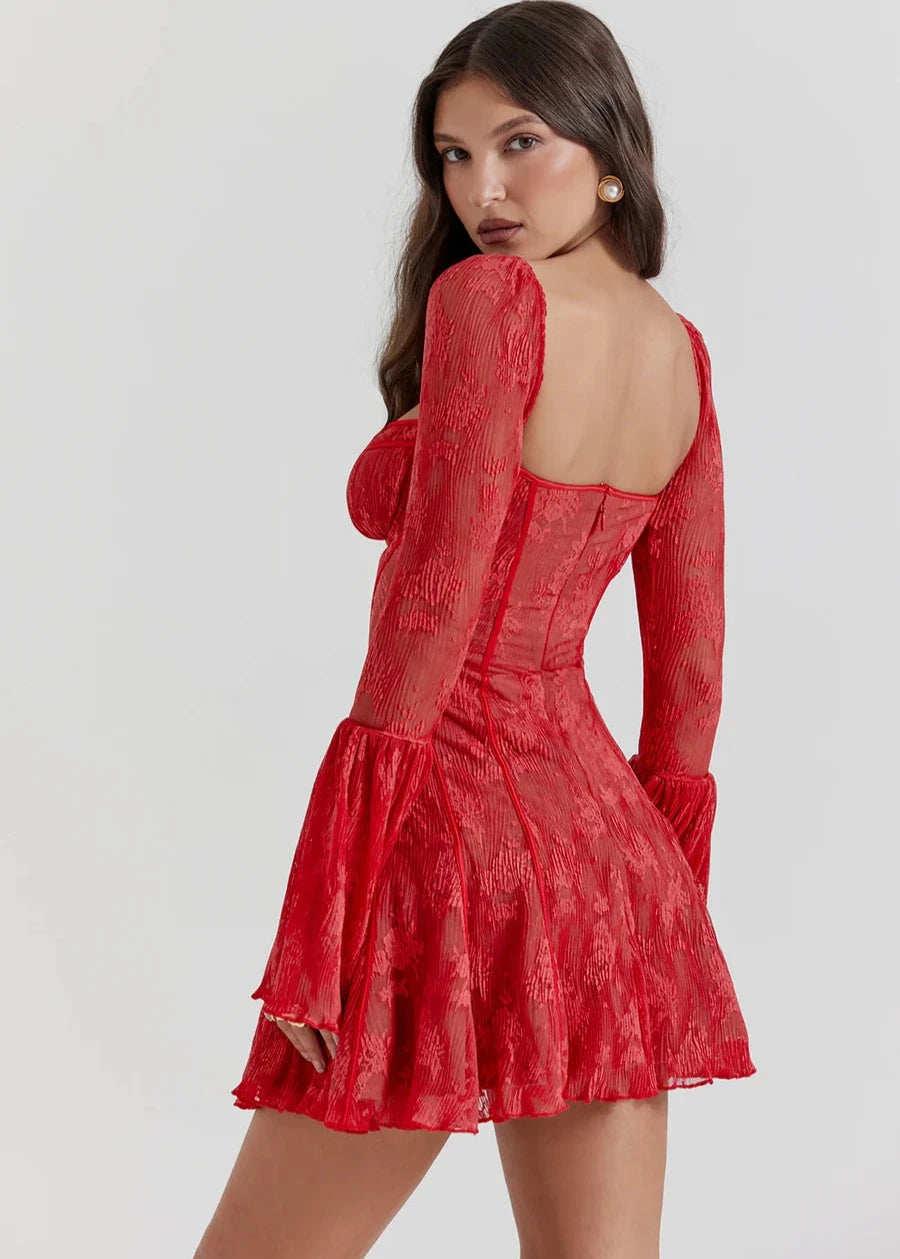 Self Tie Lace Dress Long Sleeve Vibrant Red