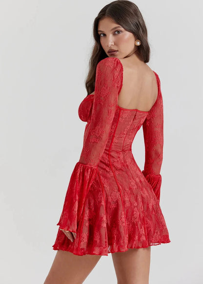 Self Tie Lace Dress Long Sleeve Vibrant Red