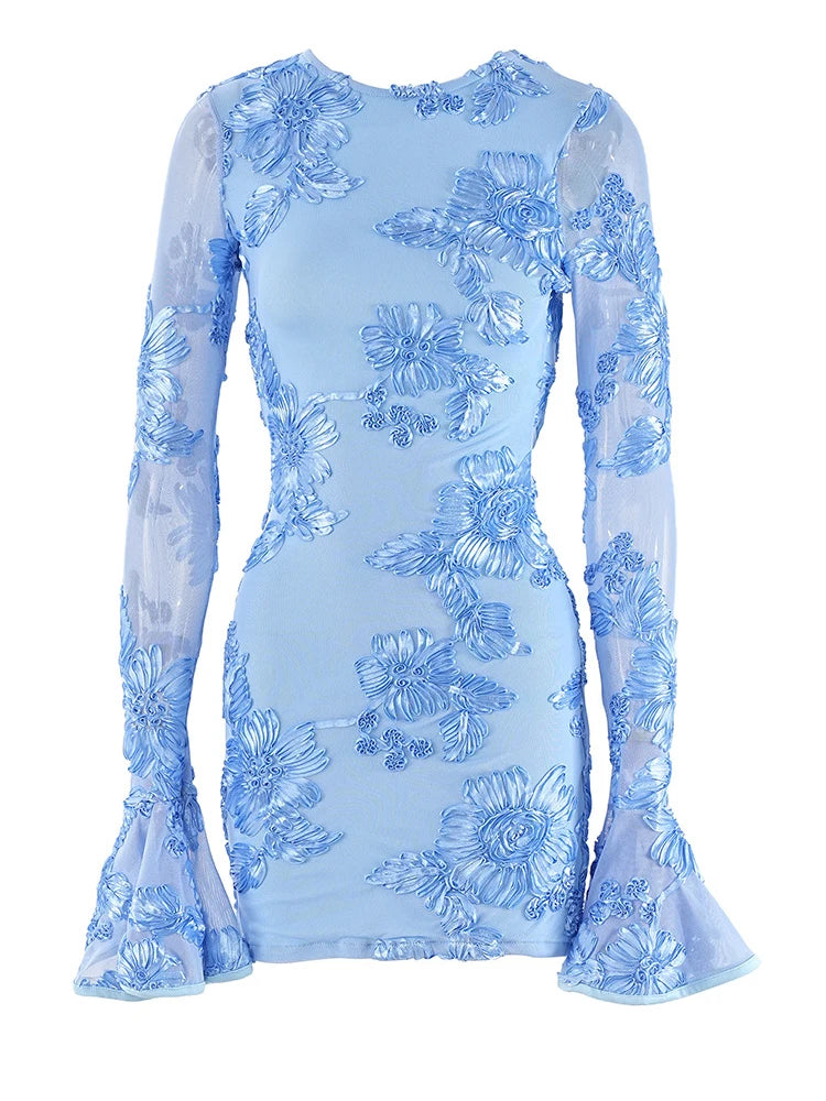 Glam Rose Pink Floral Backless Short Party Dress Elegant Party Dresses For Women Long Sleeve Embroidered Birthday Dress