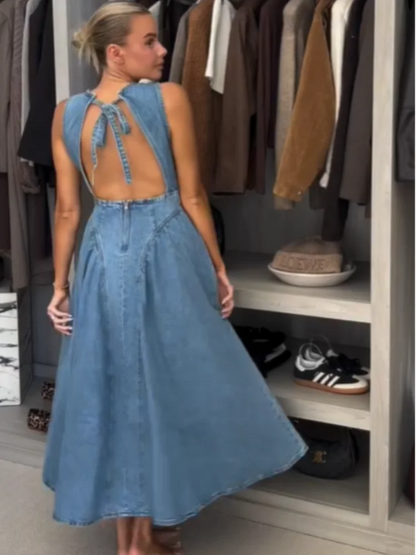 Sexy Women Backless Lace Up High Waisted Denim Dress Fashion O Neck Sleeveless A Line Dresses Spring Chic Lady Street Robes