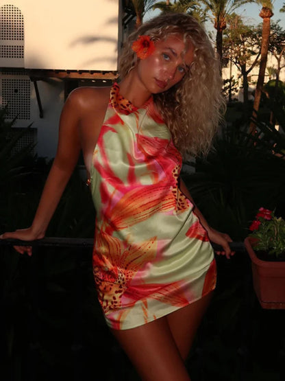 Fashion Stain Floral Print Mini Dress For Women Vacation Backless Sleeveless Hater Short Dress Female Summer Chic Beach Vestidos
