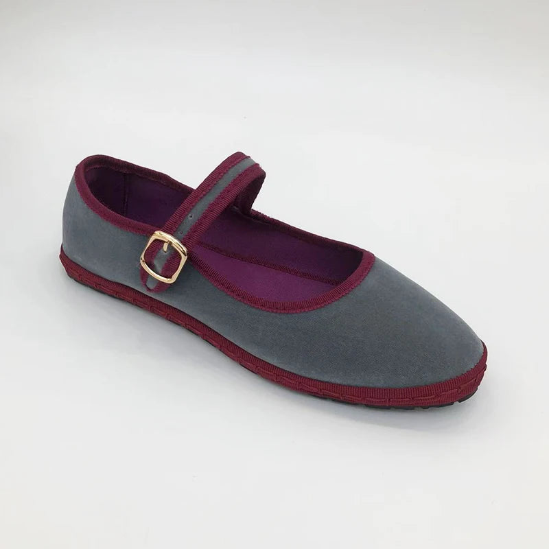 Gray Mary Jeans Flats Shoes Women Round Toe Hand Stitch Velvet Cloth Shoes Ladies Casual Soft Comfortable Ballet Shoes Loafers