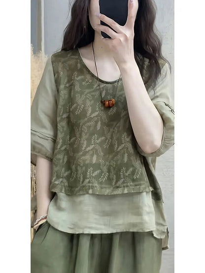 Faionable Cotton Linen Set Women'S Summer New Print Patchwork Slimming Two-Piece Top Harlan Pants Fake Two-Piece Suit