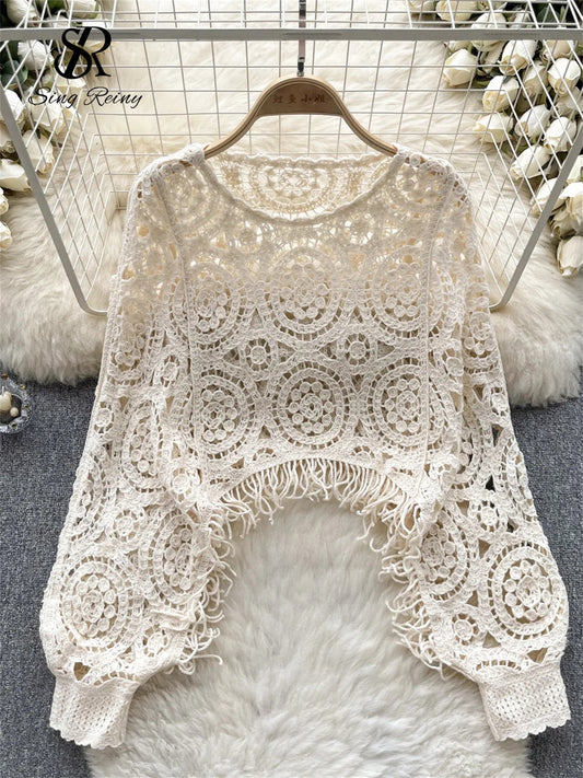 Autumn Casual Loose Knitting Top O Neck Hook Flower Hollow Long Sleeved Tassel Design Fashion French Vintage Blouse