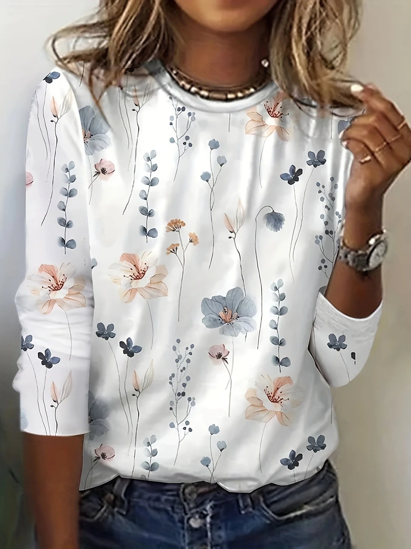 Floral Print Crew Neck T-Shirt, Casual Long Sleeve Top For Spring & Fall, Women'S Clothing