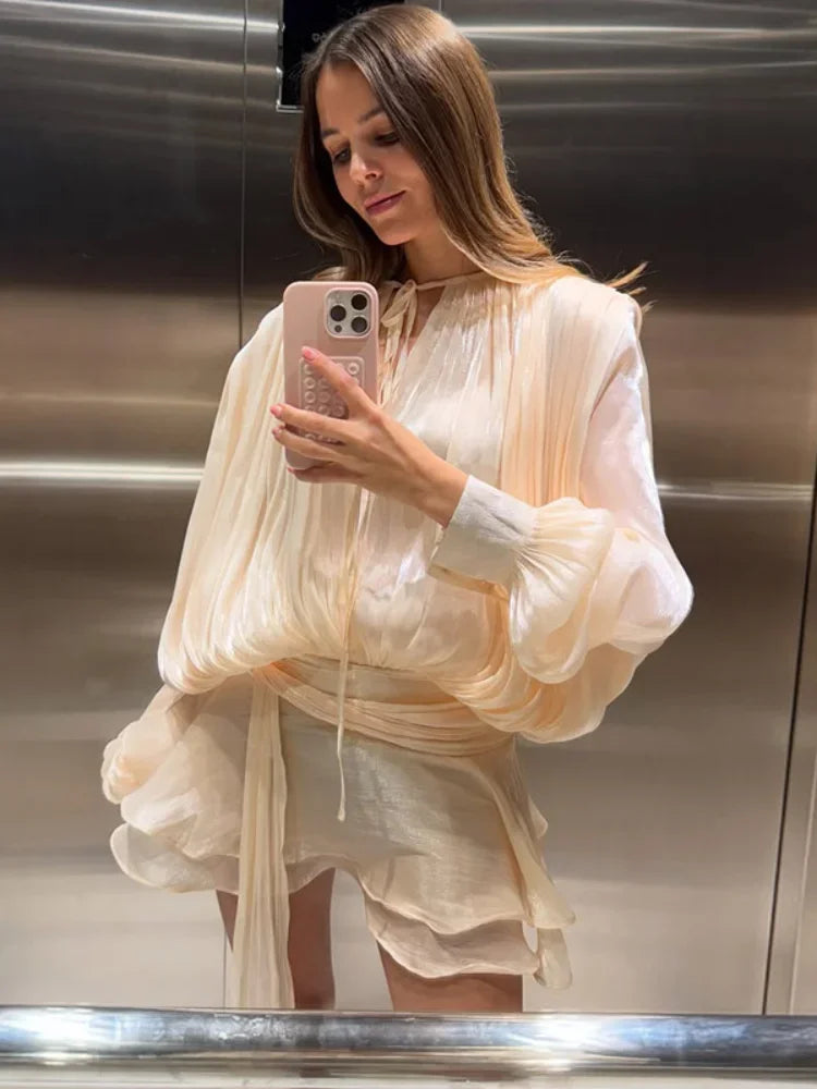 Fashion Women'S Ruffles Short Dress Elegant Round Neck Lace Up Lantern Long Sleeve Mini Vestido Chic Female 2025 Solid Dresses
