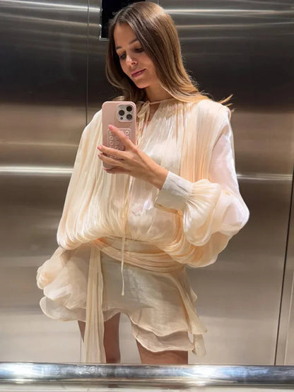 Fashion Women'S Ruffles Short Dress Elegant Round Neck Lace Up Lantern Long Sleeve Mini Vestido Chic Female 2025 Solid Dresses