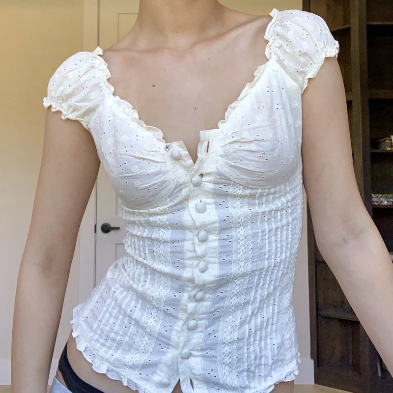 90S French Vintage Floral T-Shirt Fairy Grunge Kawaii Button Frill V Neck Pullovers Tee Women Y2K Aesthetic White Crop Top Retro
