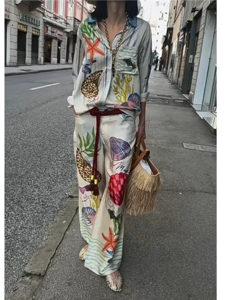 Bohemia Satin Print Loose Two Piece Sets Women Causal Long Sleeve Shirts+Long Wide Leg Pants Female Beach Summer Outfits