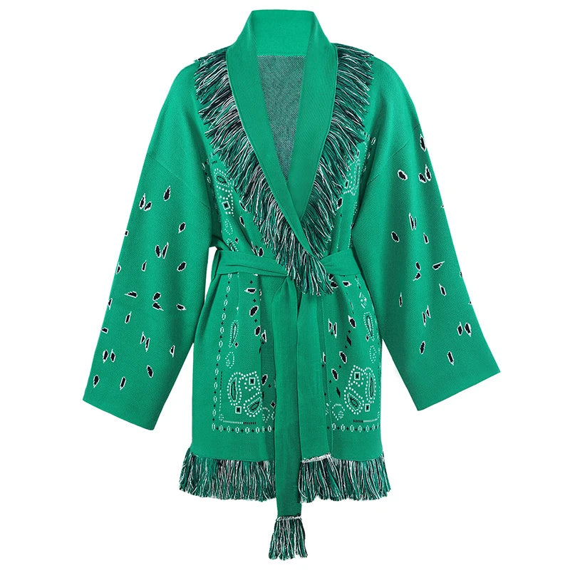 Tassel Patchwork Printed Cardigan Women Geometric Patterns Belts V-Neck Long Sleeve Knitted Street Lady Sweater 2025 Autumn Coat