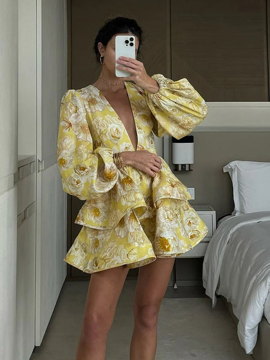 Elegant Print Ruffles Mini Dress Women Deep V Neck Long Sleeves A Line Dresses Female 2025 Spring New Fashion Fluffy Robe Lady