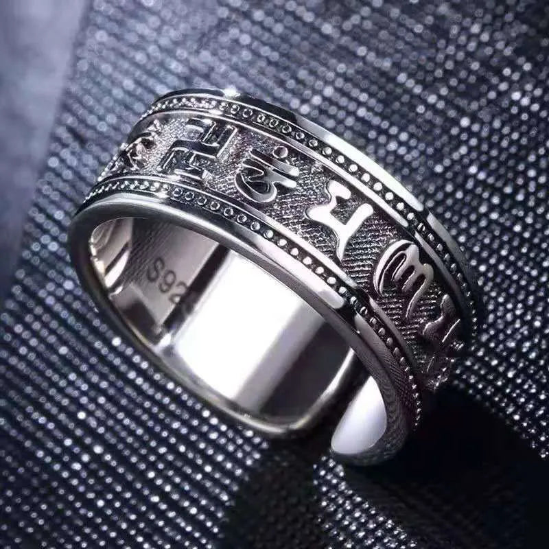 Retro Ancient Silver Plated Buddhist Six Character Daming Mantra Tibetan Resizable Ring For Men Feng Shui Amulet Protection Ring