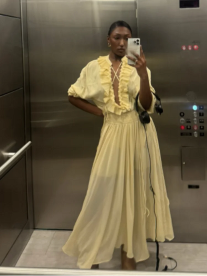 Elegant Solid Multiple Flounces Lace Up Dresses Chic Loose V Neck Full Sleeve Robes New Lady Summer Commute Vacation Gown 2025