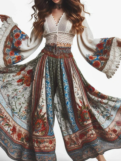 Elegant Women'S Trousers Bohemian Style Classic Retro Floral Pattern Print Elastic High Waist Women'S Wide Leg Pants