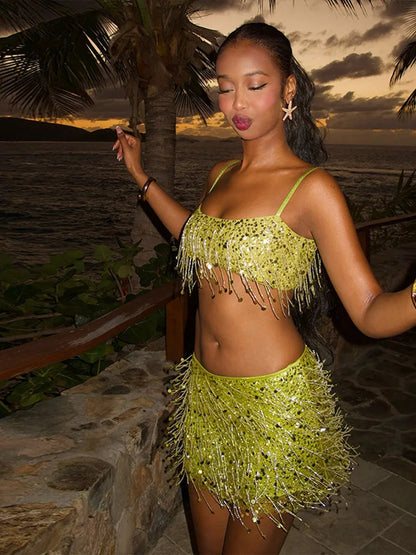 Sexy Sequin Tassels Beach Outfits Women Shiny Fashion Bikinis Sets Female 2025 Summer Holiday High Street Raves Sets 2 Pieces