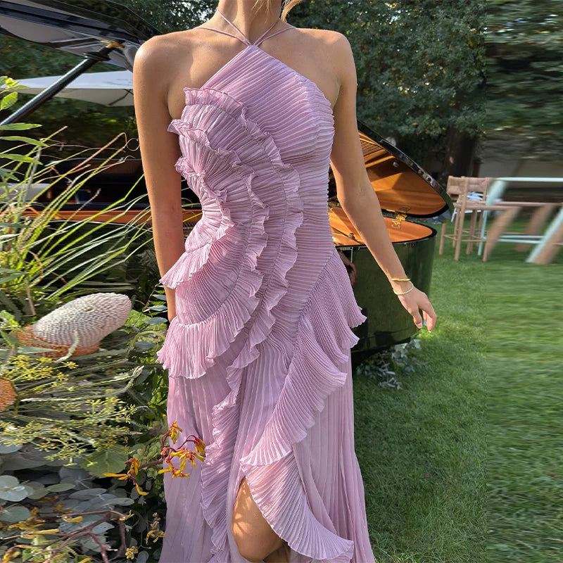 Chic Pleated Halter Neck Long Vacation Dress High Quality Purple Strapless Lotus Edge Maxi Dress 2025 New Lady Vacation Gowns