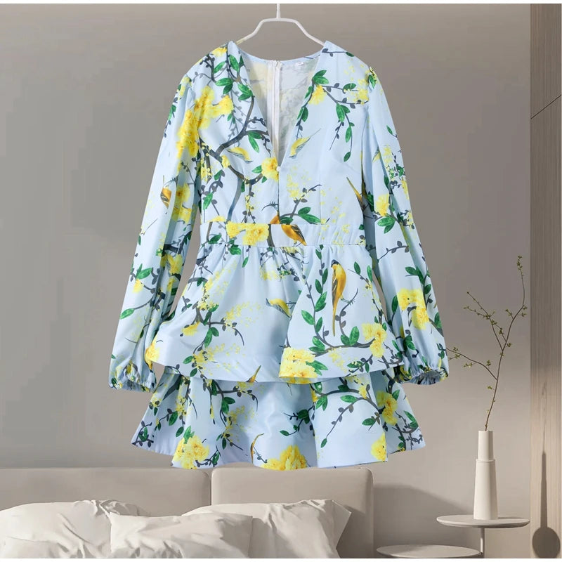 Elegant Print Ruffles Mini Dress Women Deep V Neck Long Sleeves A Line Dresses Female 2025 Spring New Fashion Fluffy Robe Lady