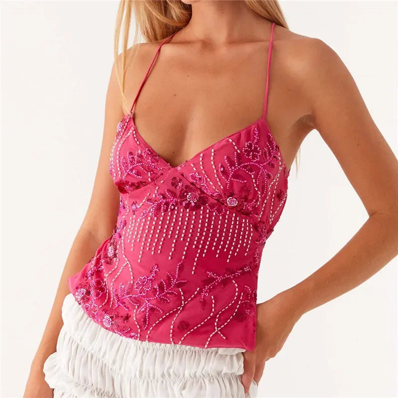 Shiny Sequins V Neck Cropped Vest Women Sexy Lace Up Backless Summer Holiday Halter Tops 2025 Chic Lady Sparkle Sling T-Shirt