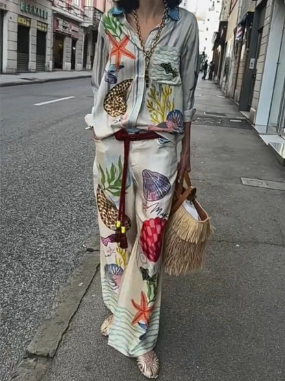 Bohemia Satin Print Loose Two Piece Sets Women Causal Long Sleeve Shirts+Long Wide Leg Pants Female Beach Summer Outfits