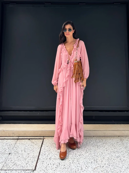Elegant Solid Multiple Flounces Lace Up Dresses Chic Loose V Neck Full Sleeve Robes New Lady Summer Commute Vacation Gown 2025